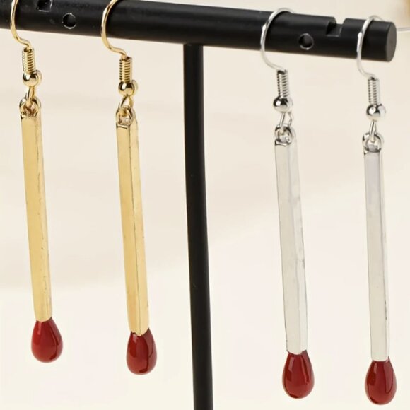 Silver Matchstick Minimalist Trendy Streetwear Dangle Earrings NEW - Picture 4 of 6